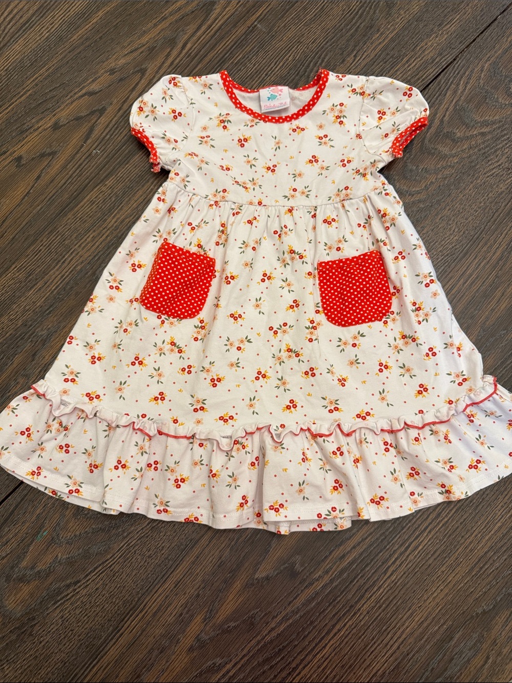Stitchy Fish 4T Girls'  Floral Dress with Red Polka Dot Pockets